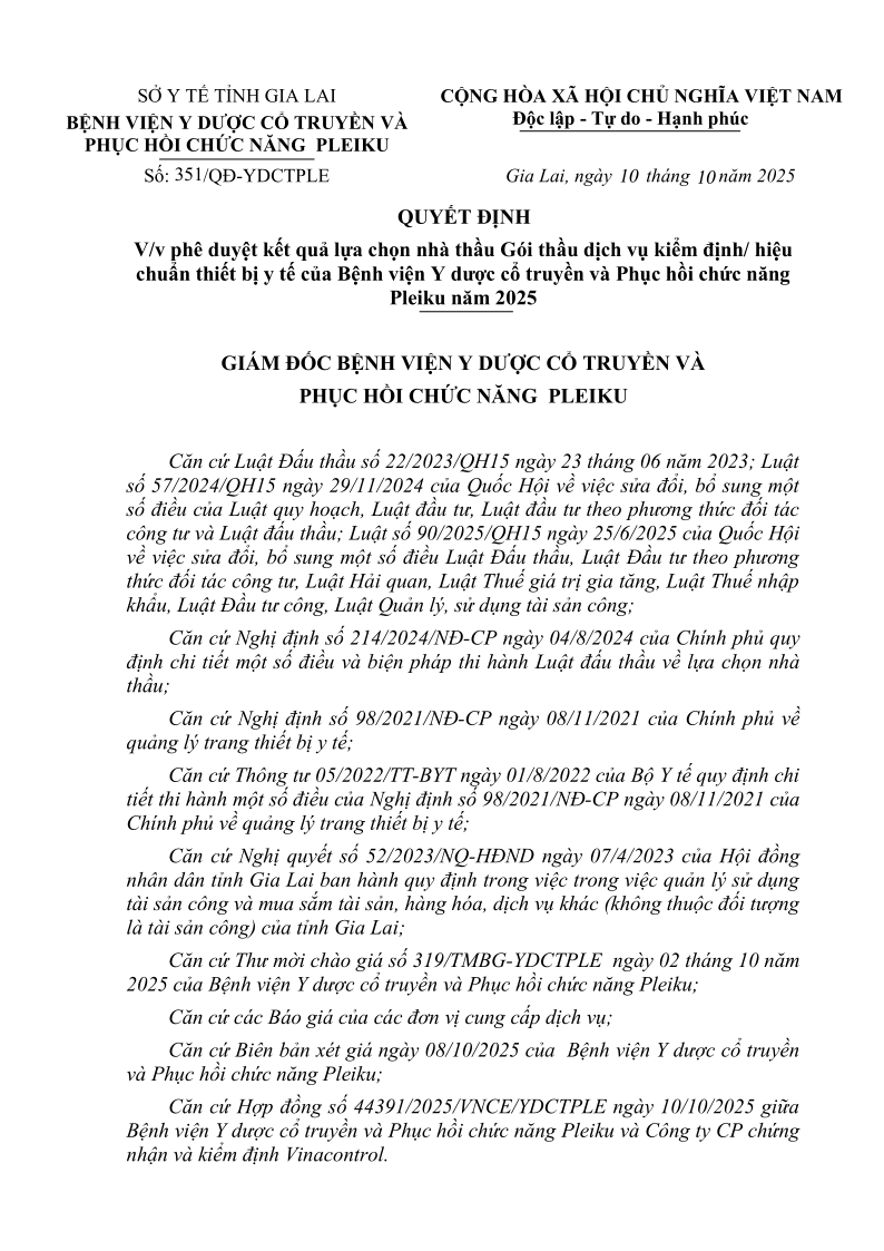 Quyết định phê duyệt kết quả lựa chọn nhà thầu Gói thầu dịch vụ kiểm định/ hiệu chuẩn thiết bị y tế của Bệnh viện Y dược cổ truyền và Phục hồi chức năng Pleiku năm 2025